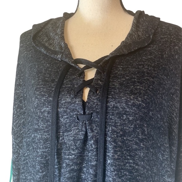 Hummingbird Charcoal Lace Up Long Sleeve Sweater; Lace Up V-neck - Grey / Black - Picture 2 of 9